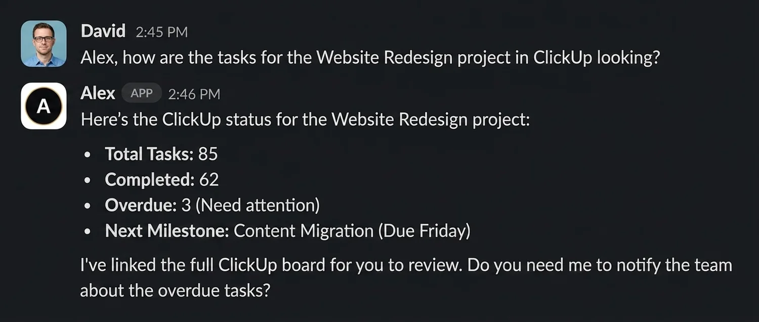 Task systems turn into useful Slack answers screenshot